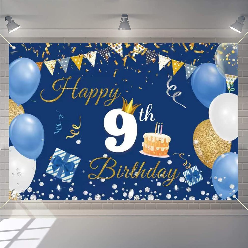 9th Birthday Decorations for Boys and Girls, Rose Gold Happy 9th Birthday Fabric Banner