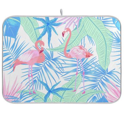 Absorbent Polyester Dish Drying Mat, 16 x 18 in, Pink Flamingos & Tropical Plants