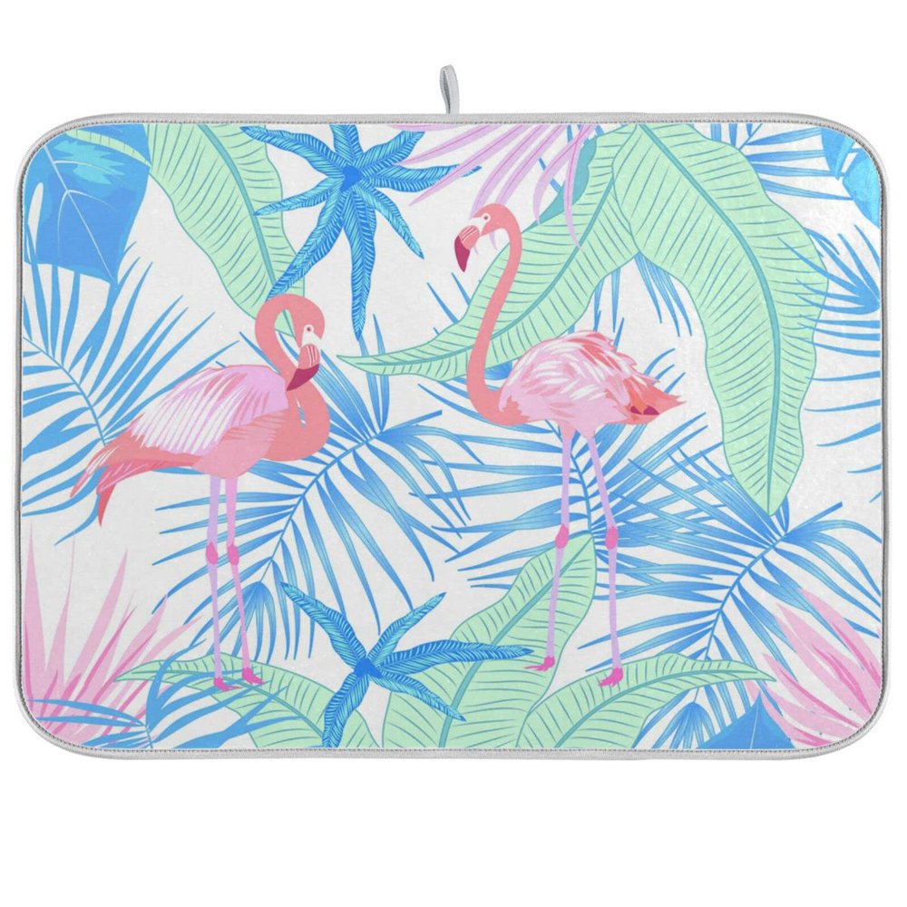 Absorbent Polyester Dish Drying Mat, 16 x 18 in, Pink Flamingos & Tropical Plants