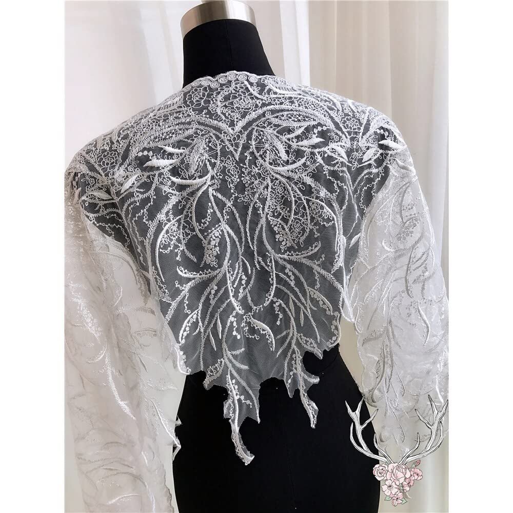 HXSCOO 1-Yard Gold, Silver and White Bridal Dress Lace Fabric Patch, 47 cm Wide (Color: White Fabric)