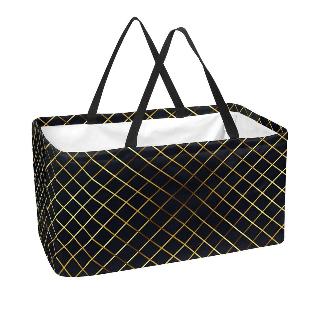 Rectangular Shopping Basket, Fabric Storage Box, Crosshatch Pattern, Black and Gold Plaid