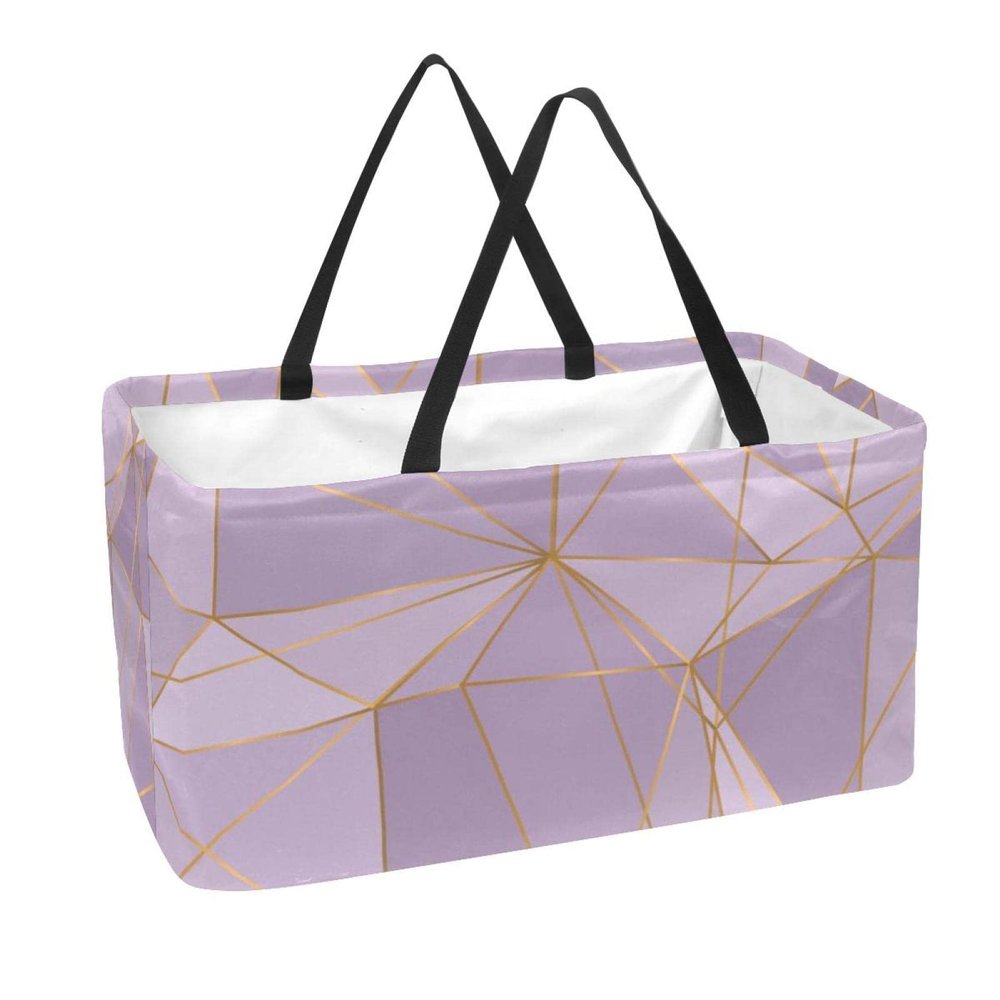 Rectangular Fabric Shopping Basket, Geometric Polygon Pattern, Purple Gold Line
