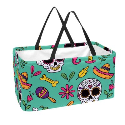 Rectangular Shopping Basket, Fabric Storage Box, Happy Skull Mexican Elements Green
