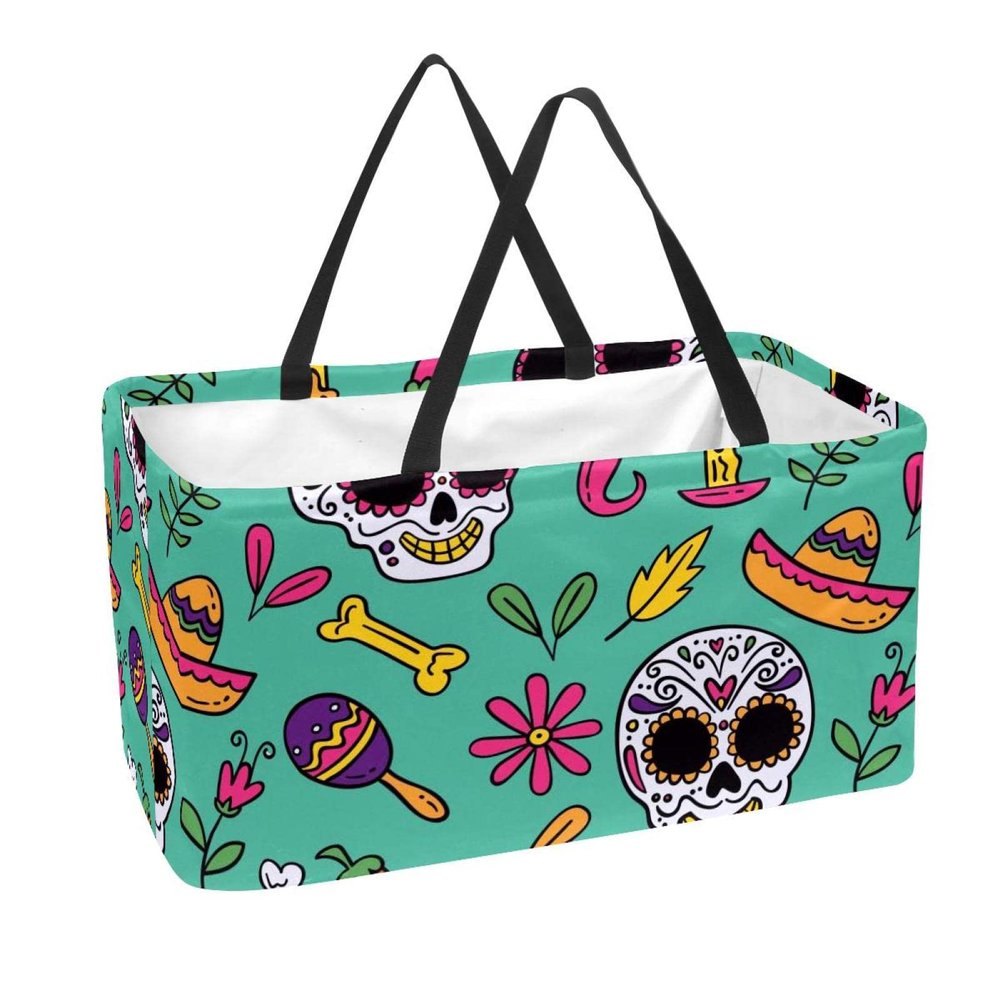 Rectangular Shopping Basket, Fabric Storage Box, Happy Skull Mexican Elements Green