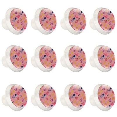 Round Drawer Pulls, Sea Life, Coral and Starfish Cartoon Pattern, White, 12-Pack