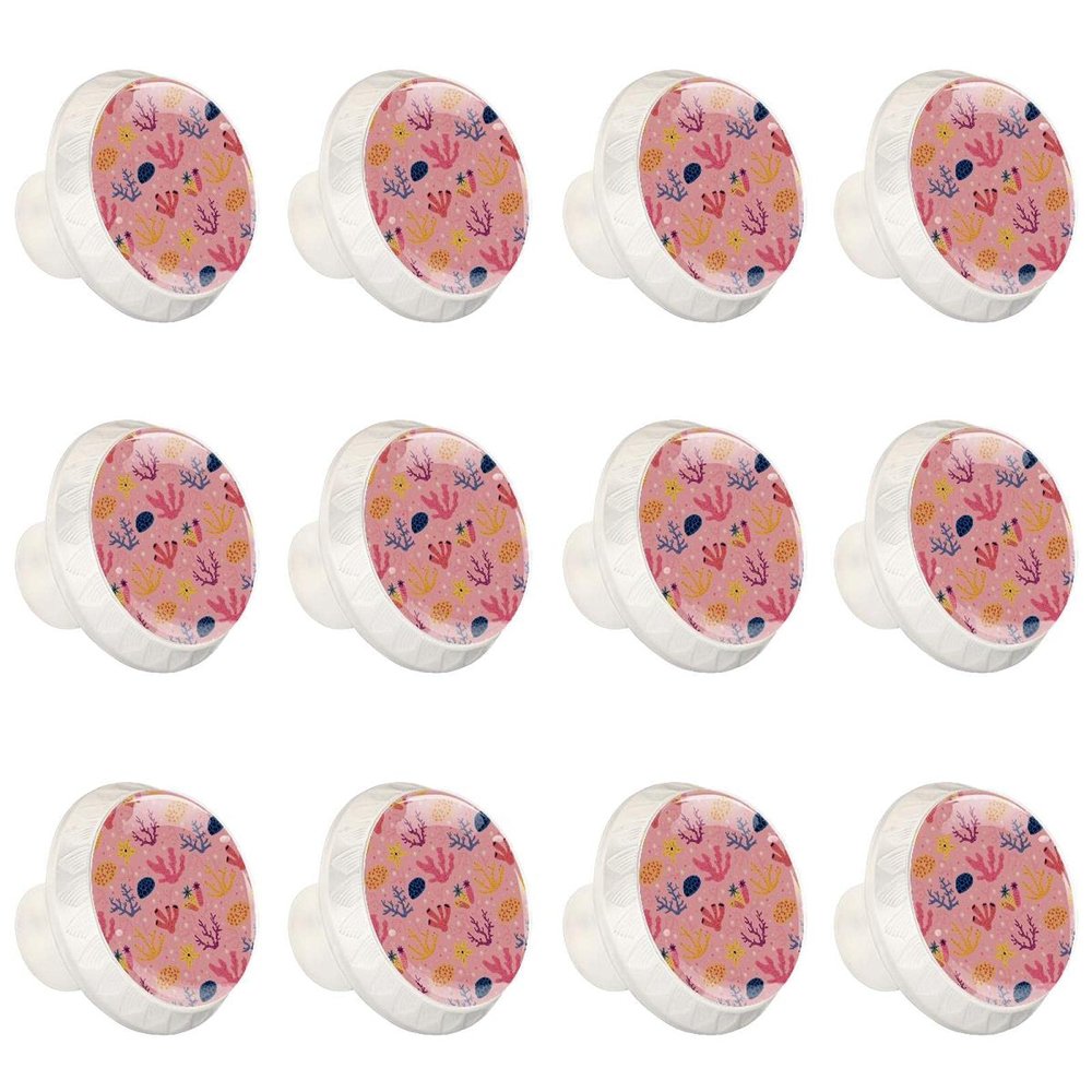 Round Drawer Pulls, Sea Life, Coral and Starfish Cartoon Pattern, White, 12-Pack