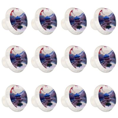 12 White Round Cabinet Knobs, Nature Landscape Pavilion