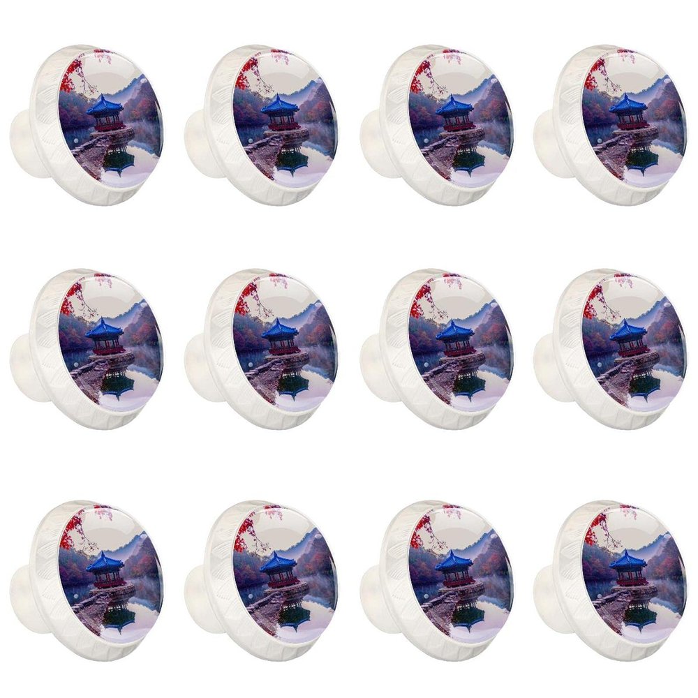12 White Round Cabinet Knobs, Nature Landscape Pavilion