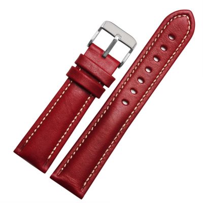 AEMALL Classic General-Purpose Solid-Color Woven Strap, Fashion Brand Genuine Leather Band, 18/20/21/22 mm, Red-Silver, 22 mm