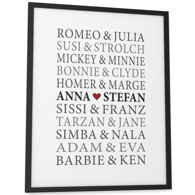 Papierschmiede Personalized Couple Poster with Names, A3 (30 x 42 cm), Optional Frame, Romeo & Juliet Wedding or Anniversary Gift