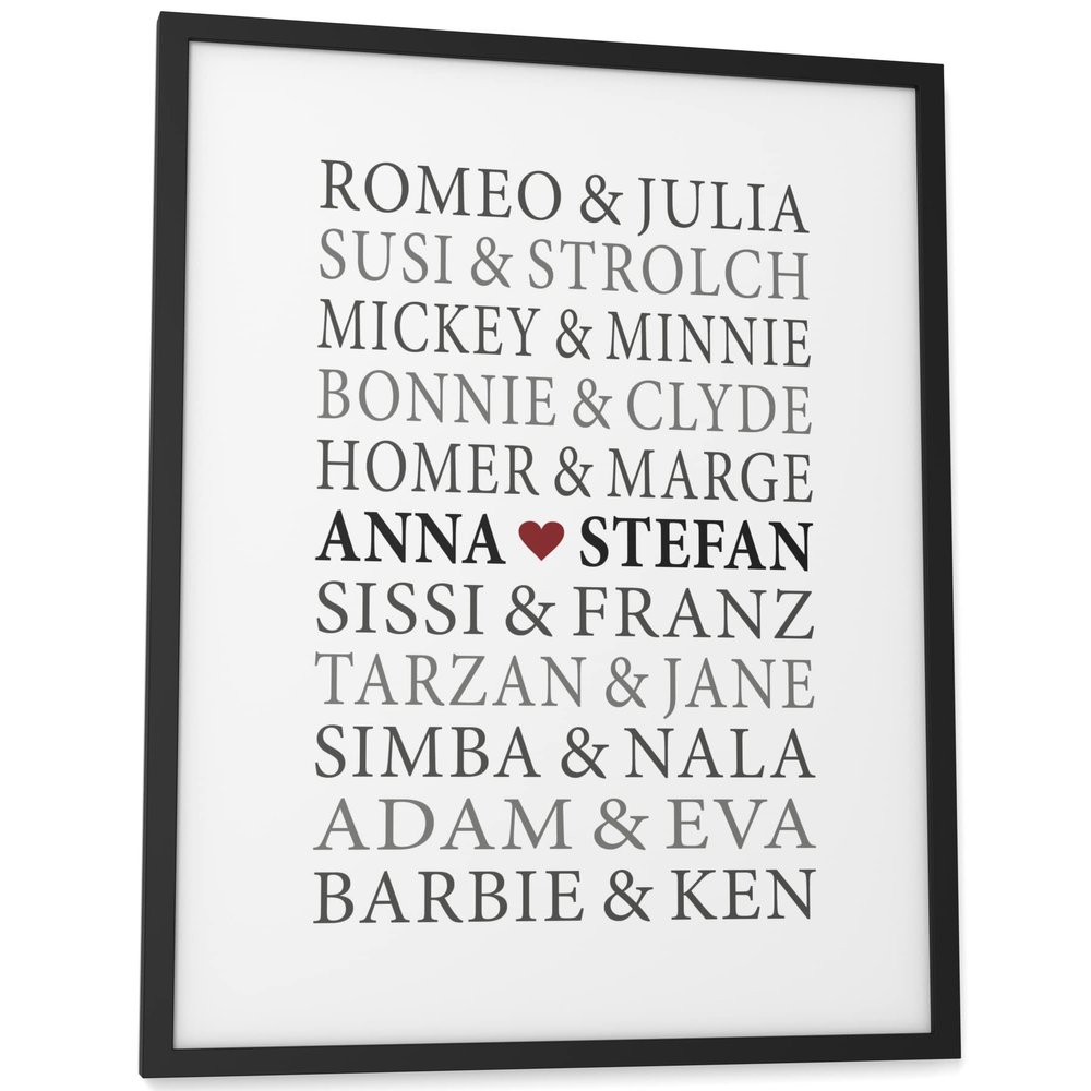 Papierschmiede Personalized Couple Poster with Names, A3 (30 x 42 cm), Optional Frame, Romeo & Juliet Wedding or Anniversary Gift