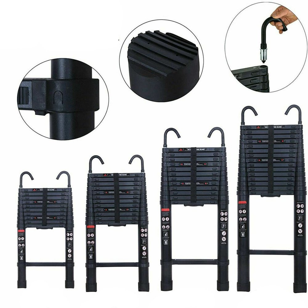 12.5 ft Telescoping Ladder, 3.8 m, with Removable Hooks, 150 kg Capacity, Black