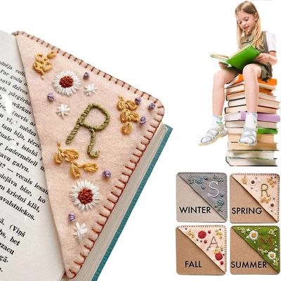 Personalized Hand-Embroidered Corner Bookmark, Cute Flower Embroidered Book Marker Clip with 26 Letters, Felt Triangle Bookmark for Book Lovers (Spring, Y)