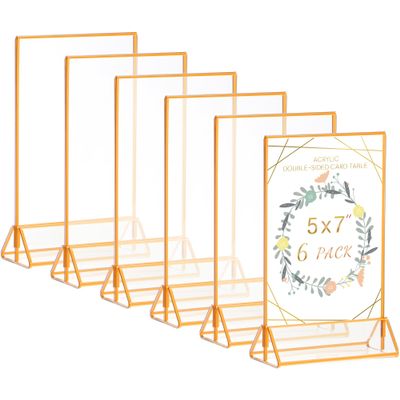 Gold-Tone Acrylic Sign Holders, Double-Sided Menu & Table Number Frames, 5 x 7 in, 6-Pack