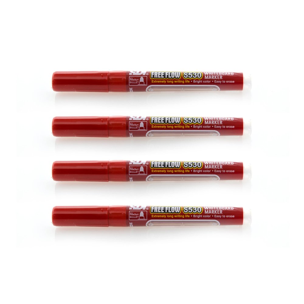 Whiteboard Markers, Free FLOW BASIC, Ref. S530, Refillable, Odorless, 2.2 mm, Non-Toxic, 100% Eco, Chisel Tip, SDI Quality (Red, 4-Pack)