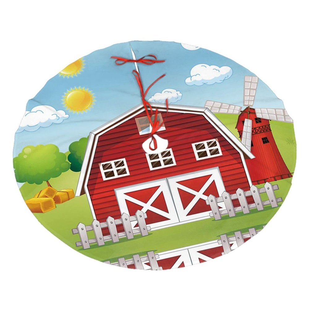 Cartoon Red Farmhouse Christmas Tree Skirt