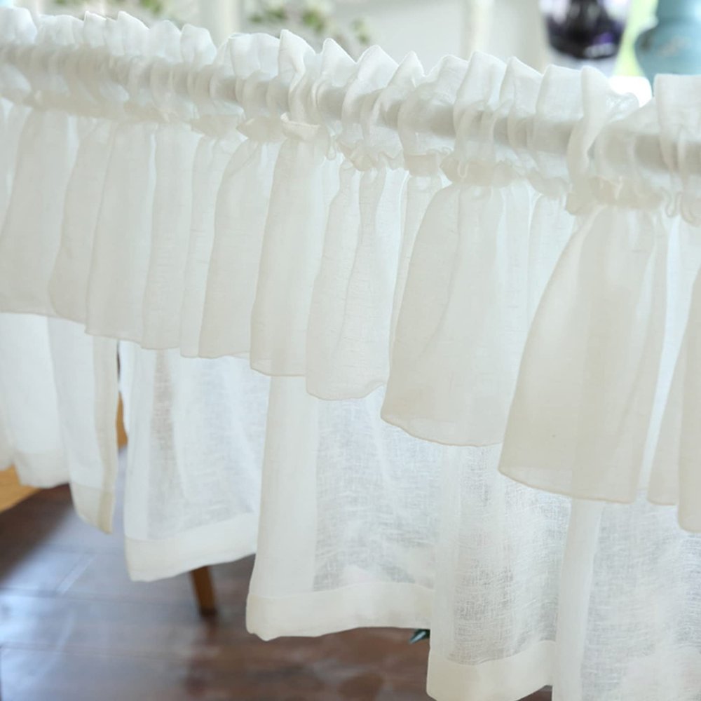 JIAOCKJIAO Pure White Sheer Cafe Curtain, Cotton-Linen Blend, Rod Pocket Short Curtain