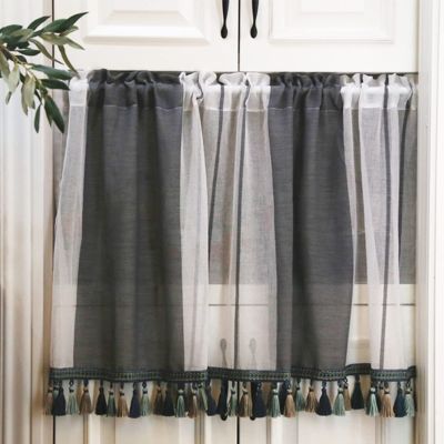 Black and White Striped Sheer Café Curtain with Tassels, 55 x 27.5 in