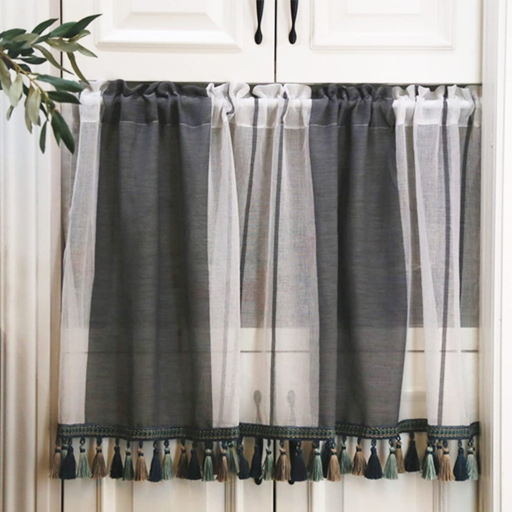 Black and White Striped Sheer Café Curtain with Tassels, 55 x 27.5 in