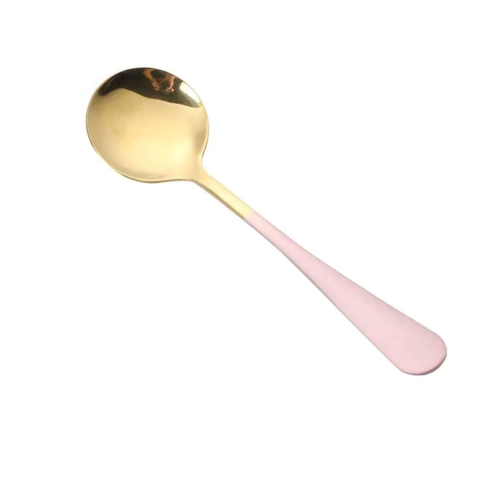 2-Piece Round-Bowled Stainless Steel Korean Soup Spoon Set, Pink