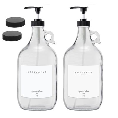 Laundry Room Dispenser, 2-Pack 1.8 L Glass Jars with Black Pumps