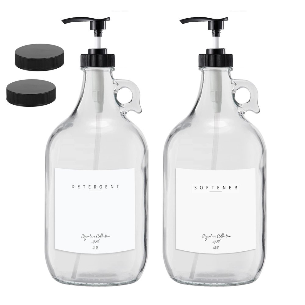 Laundry Room Dispenser, 2-Pack 1.8 L Glass Jars with Black Pumps
