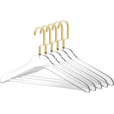 Premium Transparent Acrylic Hangers with Bar, 5-Pack, Matte Gold