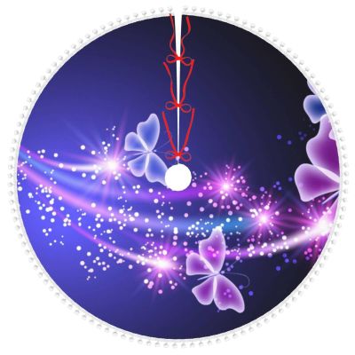 Christmas Tree Skirt with Butterfly Motif and Small Pom-Poms, 121.9 cm, Purple