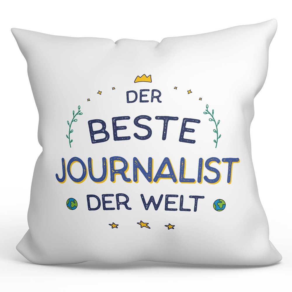 Mugffins Filled Pillow with Saying for a Journalist, “Best in the World,” 40 x 40 cm, Original Funny Employee Gift