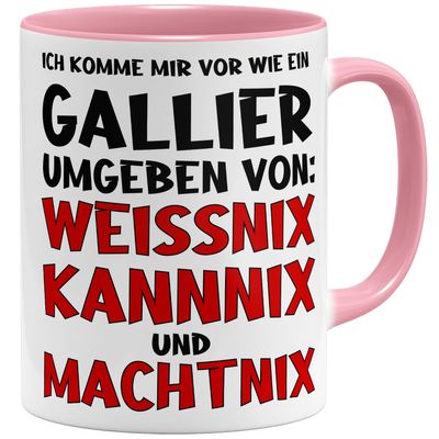 OM3 “I Feel Like a Gaul” Funny Coffee Mug, Weissnix Kannnix Machtnix II Romans, Ceramic, 11 oz/325 ml, Double-Sided Print, Pink