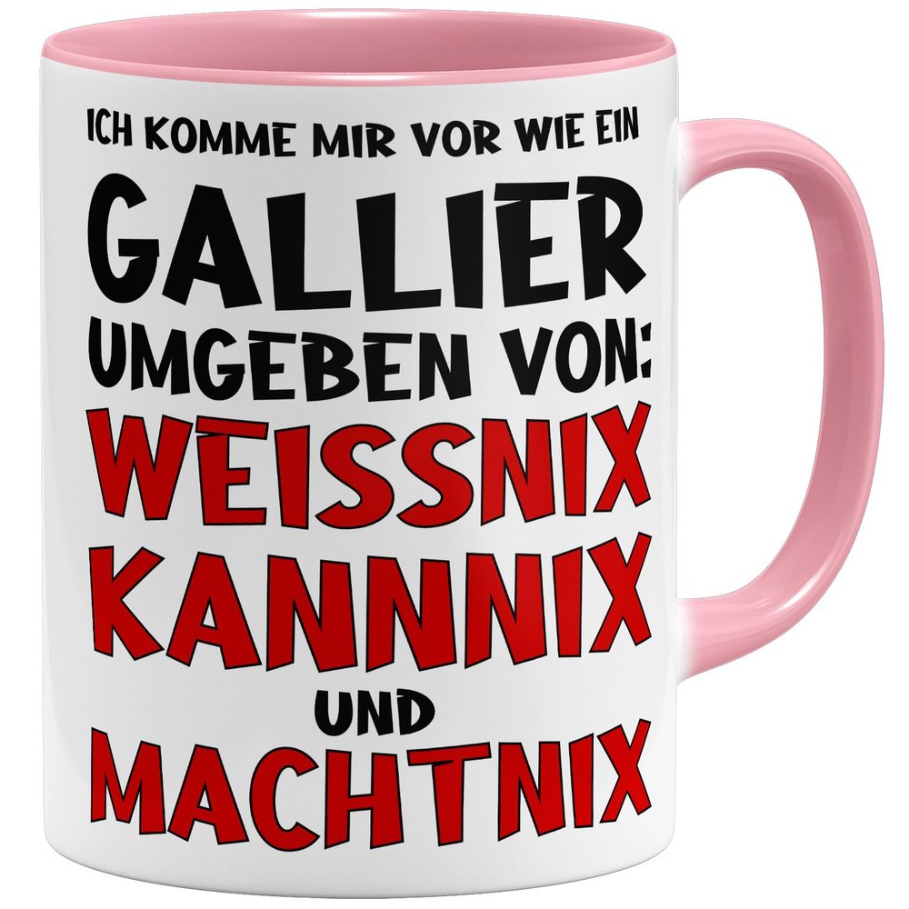 OM3 “I Feel Like a Gaul” Funny Coffee Mug, Weissnix Kannnix Machtnix II Romans, Ceramic, 11 oz/325 ml, Double-Sided Print, Pink