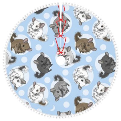 Blue Chinchillas and Moon Printed Christmas Tree Skirt with Pom-Pom Trim, 30 in