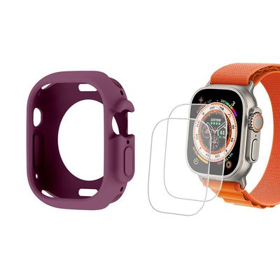 QINOUK Protective Case for Apple Watch Ultra 49 mm, Soft TPU Case with 2 Tempered Glass Screen Protectors, Ultra Dark Purple
