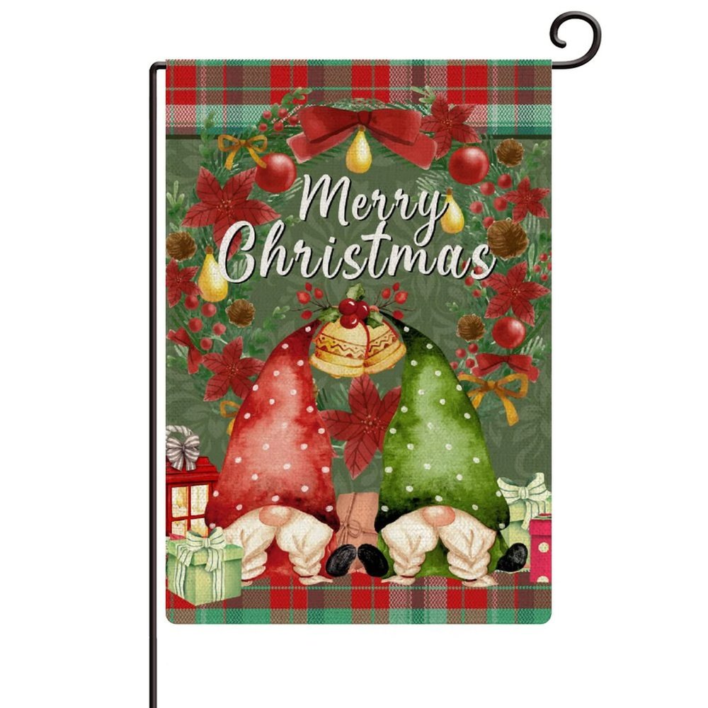 Merry Christmas Gnome Garden Flag, Buffalo Plaid Wreath, Red Truck, 30.5 x 45.7 cm, Double-Sided Jute