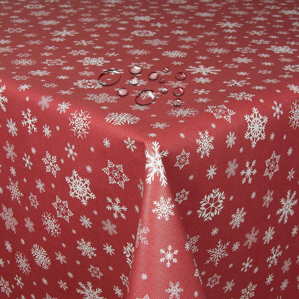 Washable Oilcloth Christmas Tablecloth, Red Snowflakes, Rectangular, 90 x 450 cm