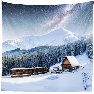 CORFOTO 300 x 200 cm Winter Tapestry, Starry Sky, Snowy Mountains, Pine Forest and Wooden House Wall Art