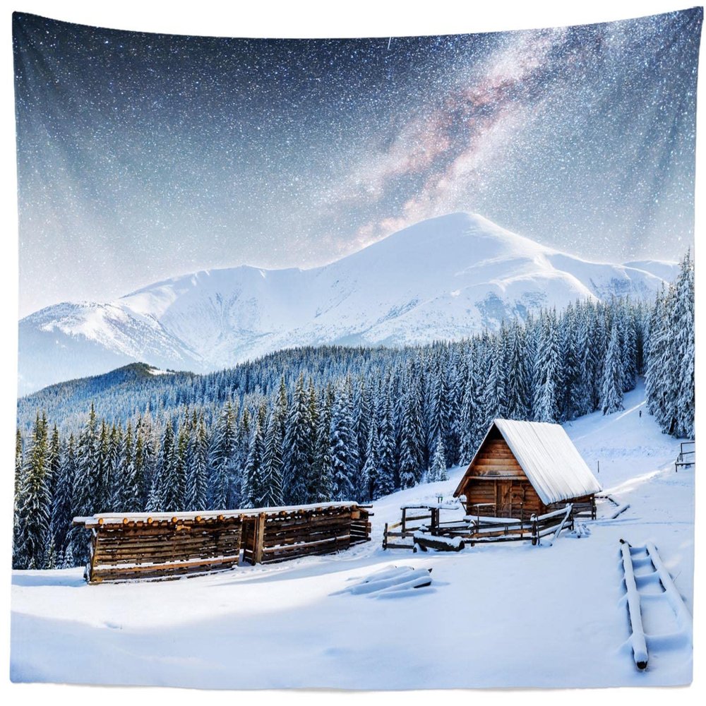 CORFOTO 300 x 200 cm Winter Tapestry, Starry Sky, Snowy Mountains, Pine Forest and Wooden House Wall Art