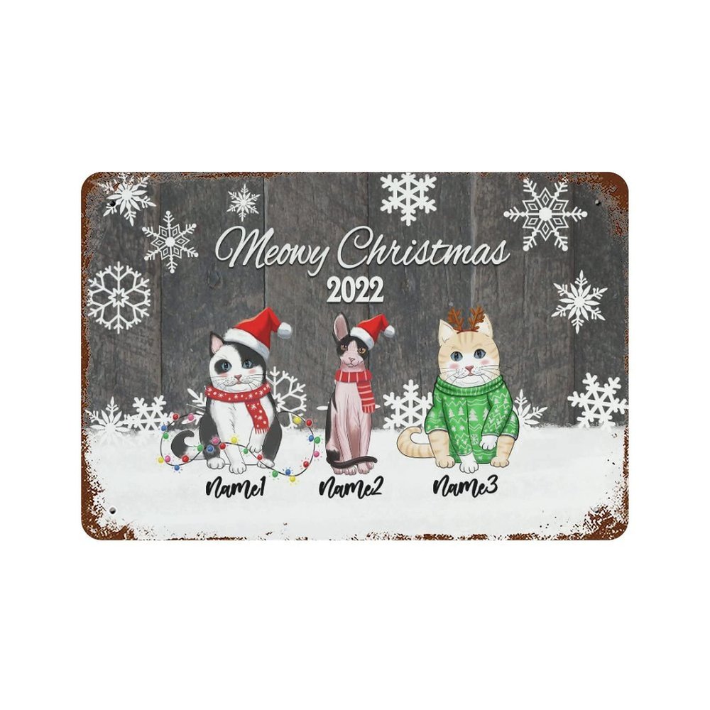 WengBeauty Personalized Meowy Christmas Cats Tin Sign, Vintage Retro Wall Art, 8 x 12 in