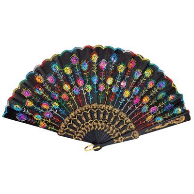 Duendhd Black Fabric Folding Hand Fan with Colorful Embroidered Floral Pattern
