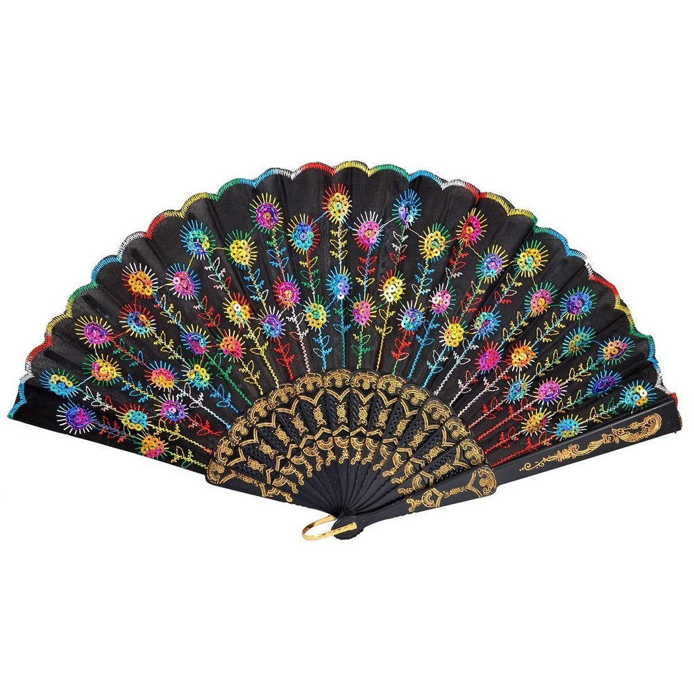 Duendhd Black Fabric Folding Hand Fan with Colorful Embroidered Floral Pattern