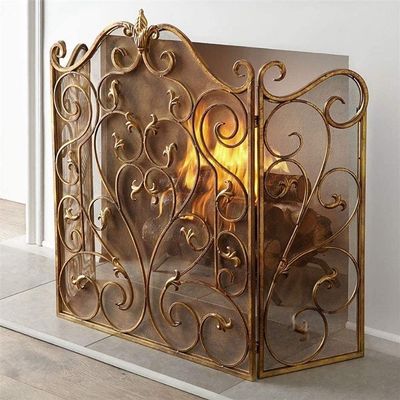 FLBT 3-Panel Freestanding Fireplace Screen, 36 in. High, Foldable Baby-Safety Fence, Wrought-Iron Frame with Roll-Grille Spark Guard, Gold