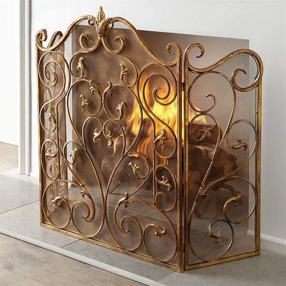 FLBT 3-Panel Freestanding Fireplace Screen, 36 in. High, Foldable Baby-Safety Fence, Wrought-Iron Frame with Roll-Grille Spark Guard, Gold