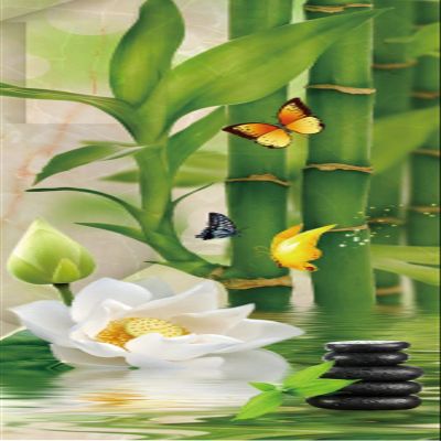 A.Monamour Self-Adhesive Door Wallpaper, 3D Green Bamboo, White Flowers, Butterfly and Black Spa Stones on Water, Zen Vinyl Mural, 95 x 215 cm