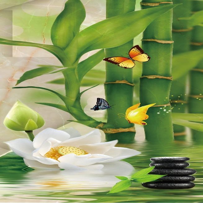 A.Monamour Self-Adhesive Door Wallpaper, 3D Green Bamboo, White Flowers, Butterfly and Black Spa Stones on Water, Zen Vinyl Mural, 95 x 215 cm