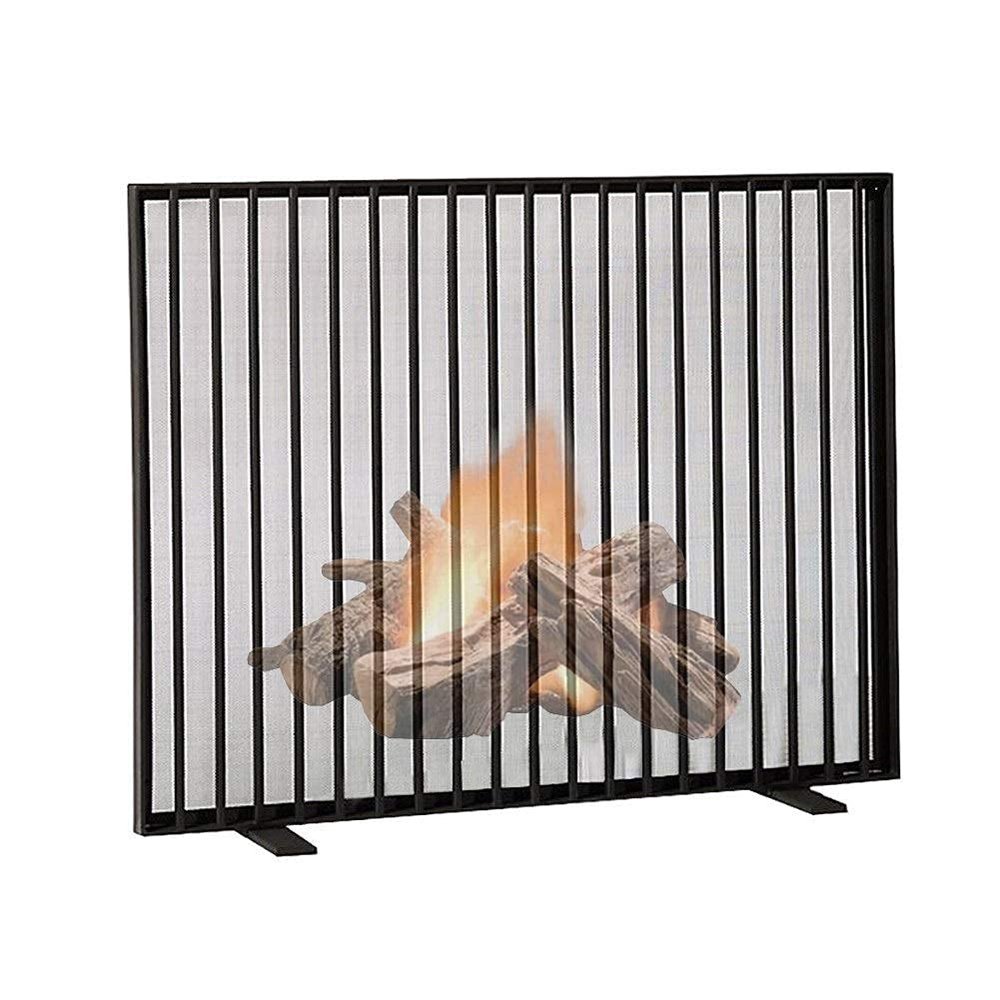 FLBT Black Fireplace Guard with Wrought-Iron Frame and Metal Mesh