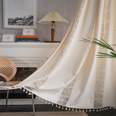 iyoimono Boho Beige Crochet Curtains with Tassels, 2 Panels, W150 x H300 cm