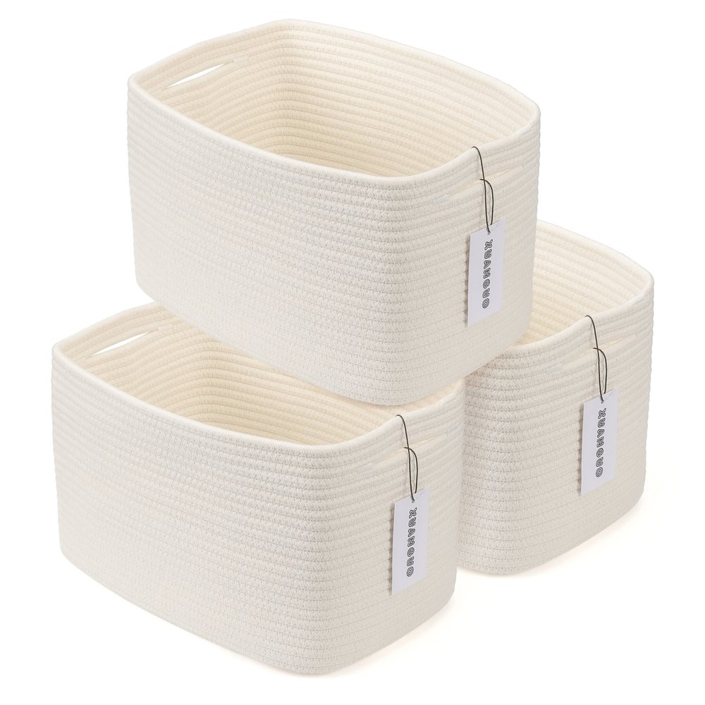 XUANGUO Woven Cotton Rope Storage Baskets, 3-Piece Set, White