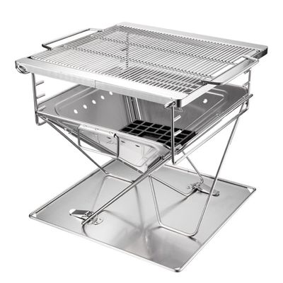 Folding Campfire Charcoal Grill, Stainless Steel, Portable Camping Fire Pit with Carrying Bag, 3-Level Height Adjustable