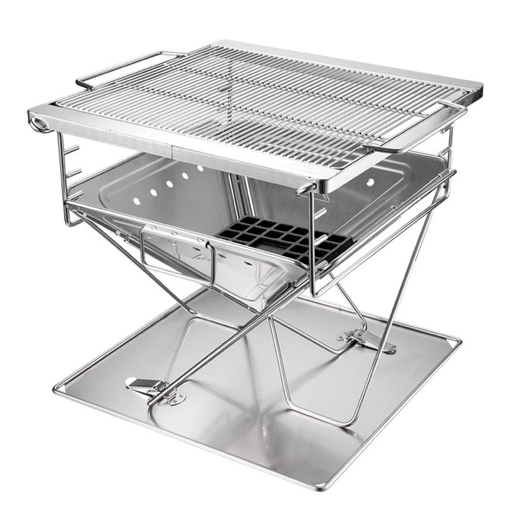 Folding Campfire Charcoal Grill, Stainless Steel, Portable Camping Fire Pit with Carrying Bag, 3-Level Height Adjustable