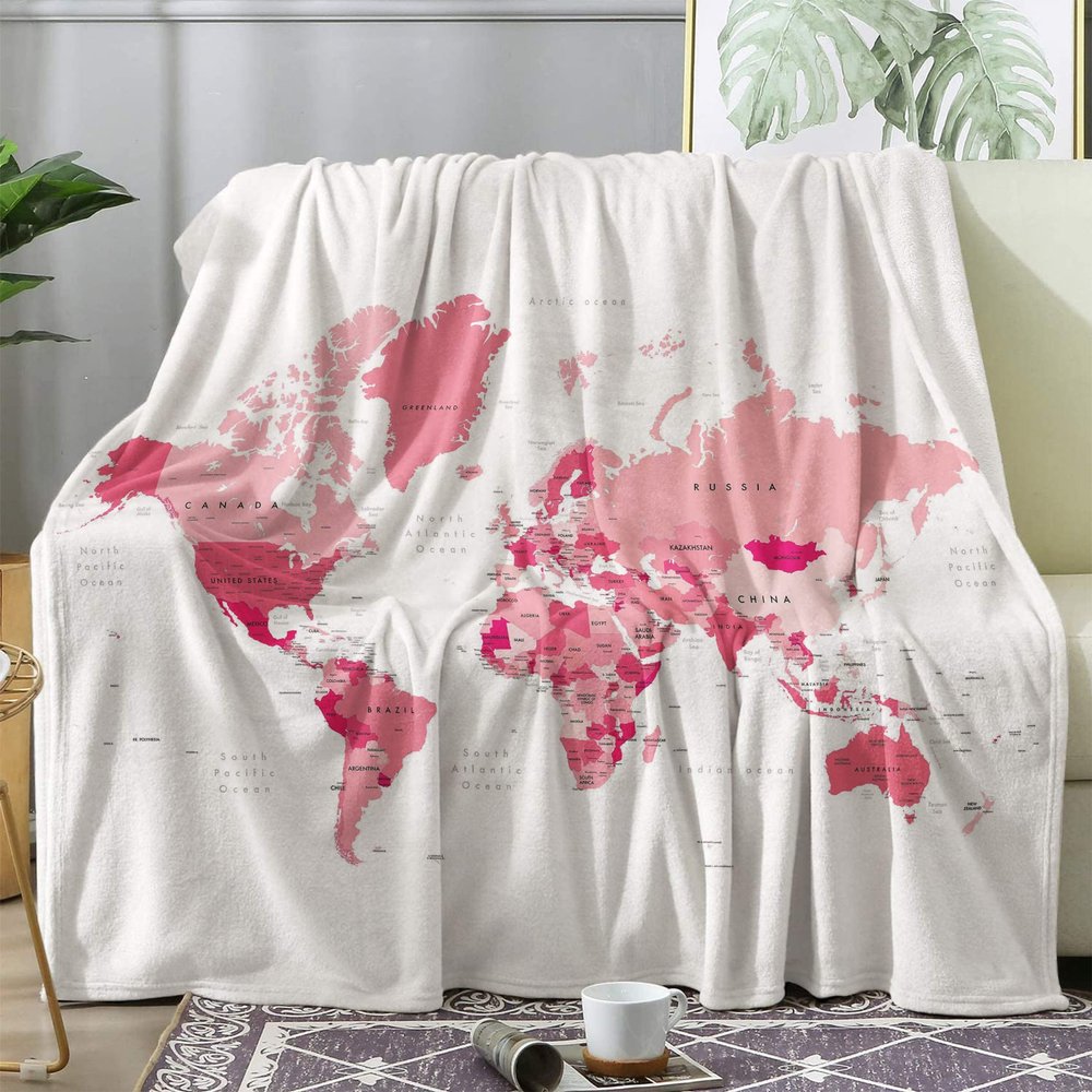 World Map Blanket 130 x 150 cm, Small, White, Soft Flannel Throw